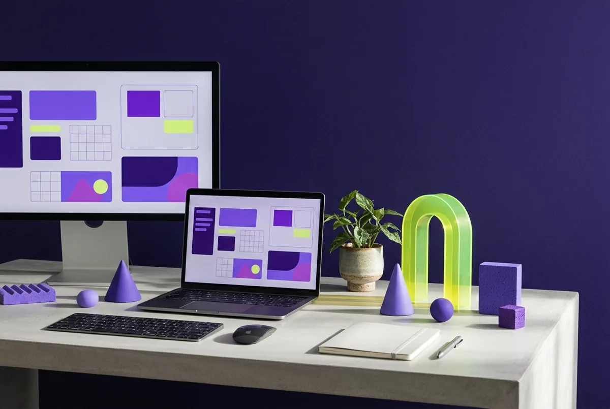 Purple creative workstation with responsive interface concept