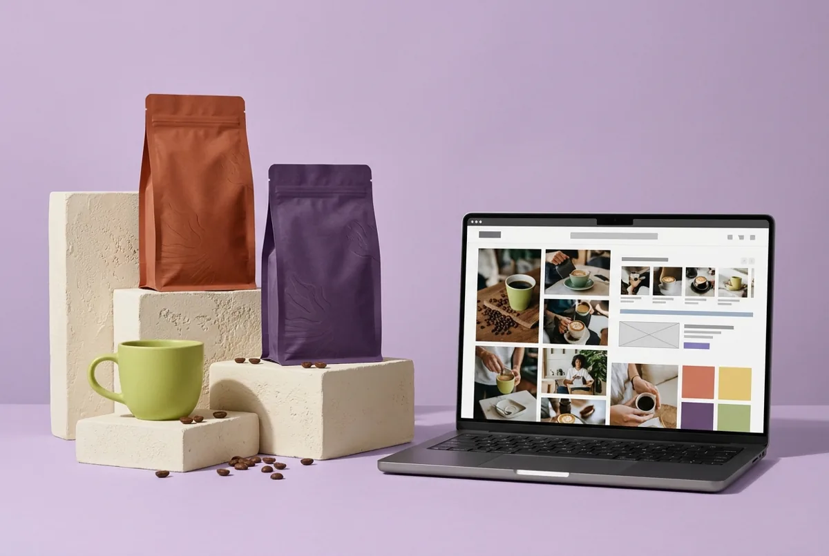 AI-generated coffee packaging and online storefront concept