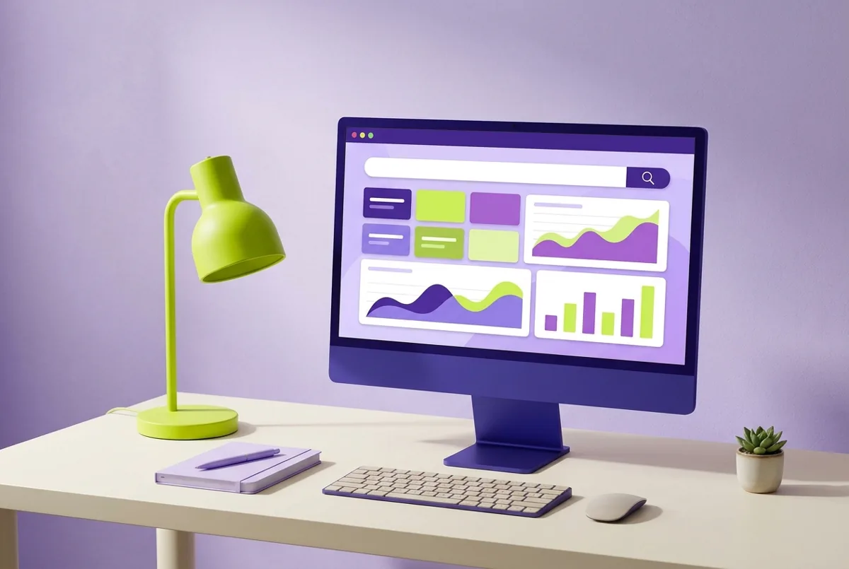 Conceptual search and analytics workstation in purple and lime